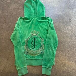 Juicy Couture Velour Zip Hoodie Green Rhinestone Crest Womens L Y2K